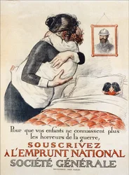 Um Ihre Kinder vor den Schrecken des Krieges zu bewahren, abonnieren Sie das nationale Darlehen der Societe Generale - Plakat, 1917